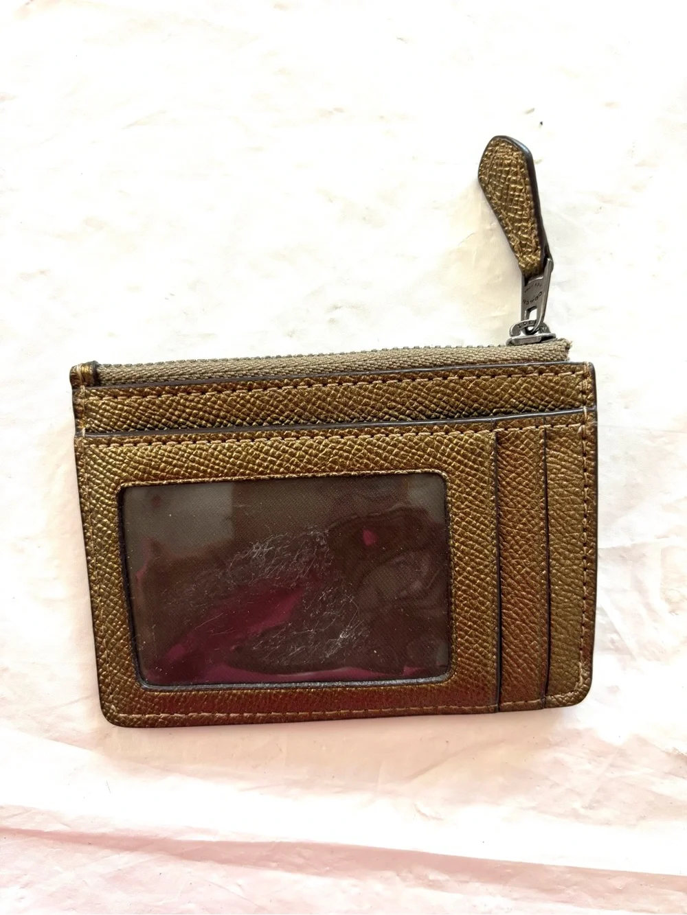 NWOT Coach Gold Metallic Pebbled Leather Zip ID Card Keychain Wallet mini